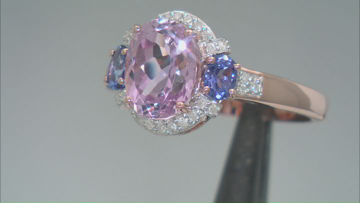 Pink Kunzite With Blue Tanzanite And White Diamond 14k Rose Gold Ring 2.63ctw Video Thumbnail